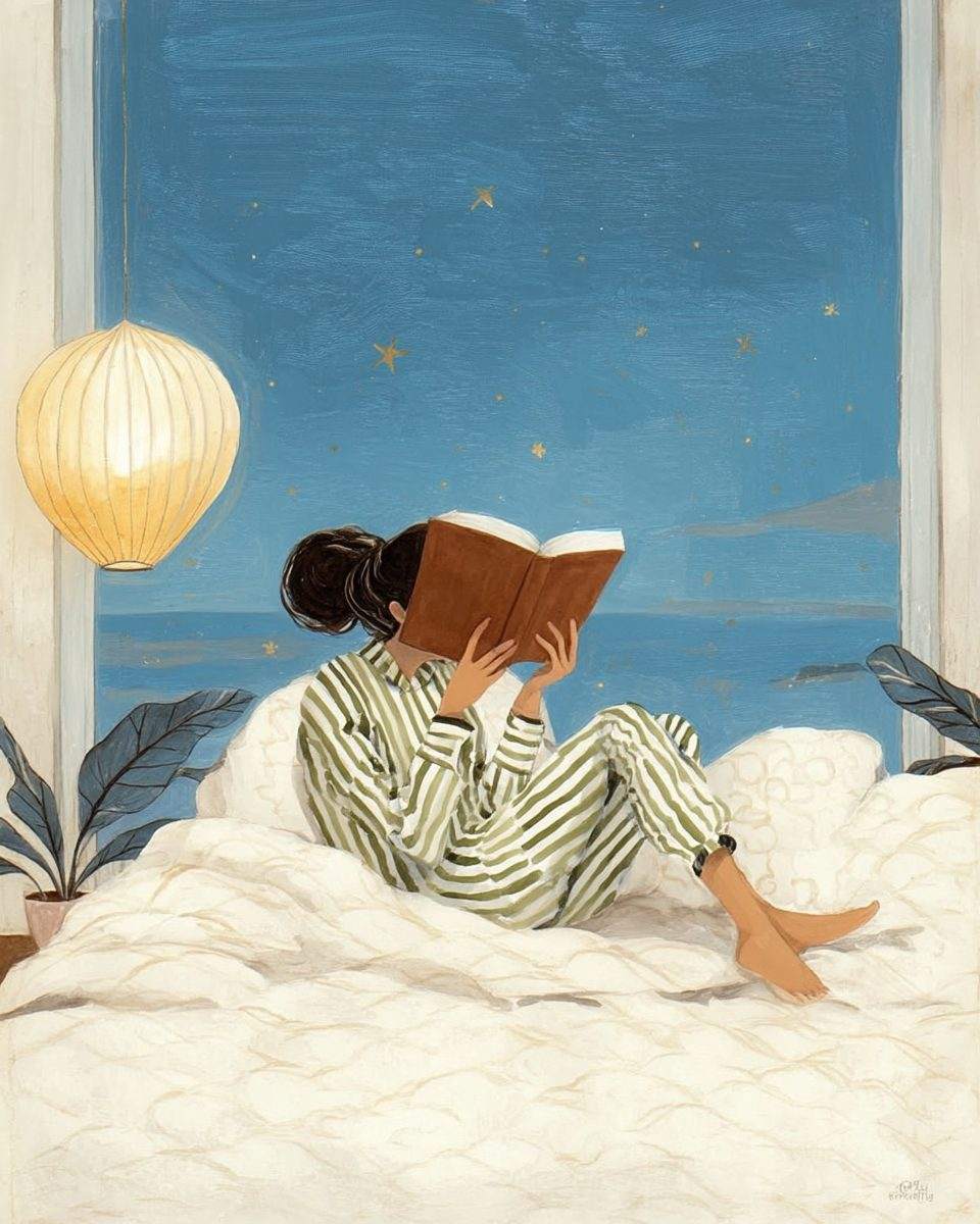 Иллюстрация: девушка в полосатой пижаме читает книгу у ночного окна